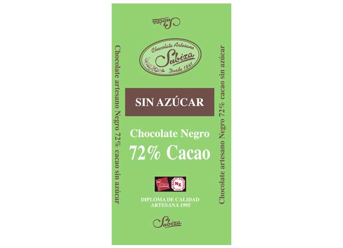 Chocolate artesano negro sin azúcar 72% cacao