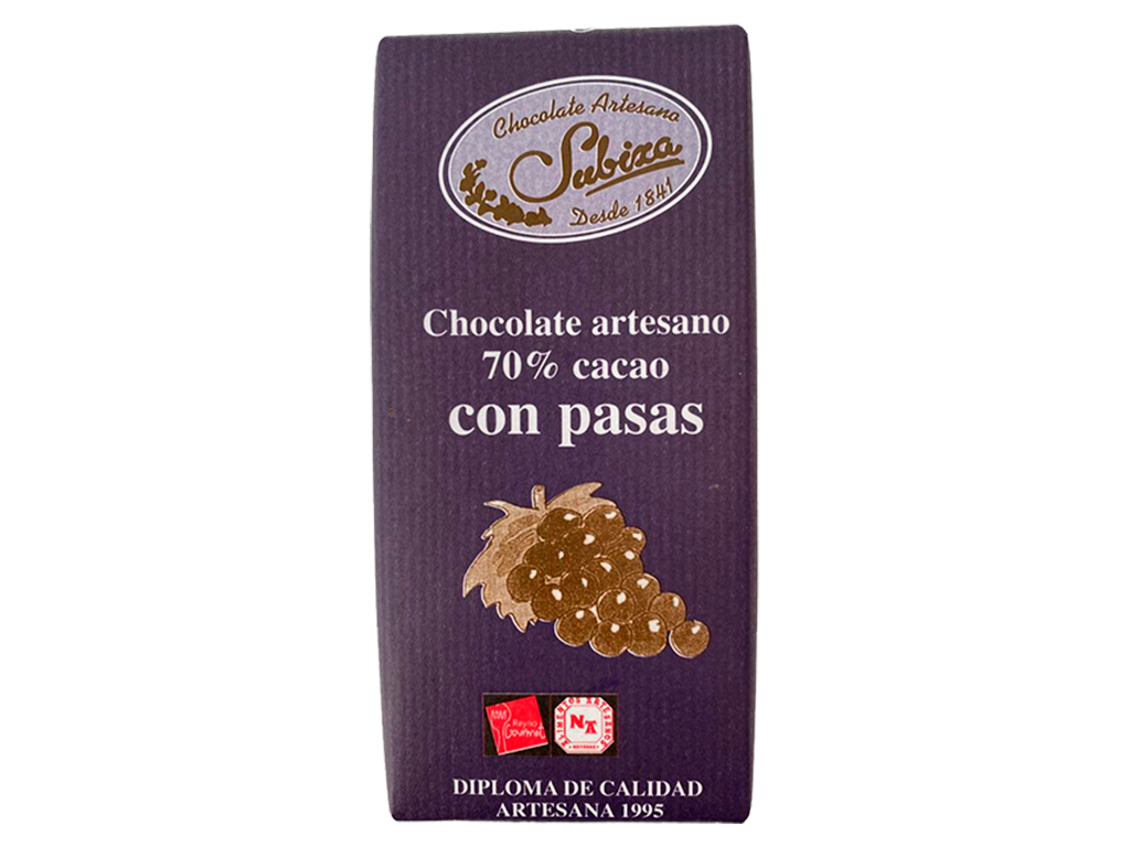 Chocolate artesano negro 70% Cacao con pasas al ron